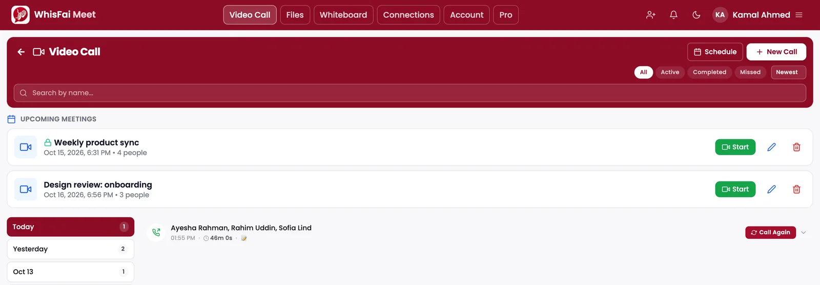 The WhisFai Meet home: upcoming meetings and call history